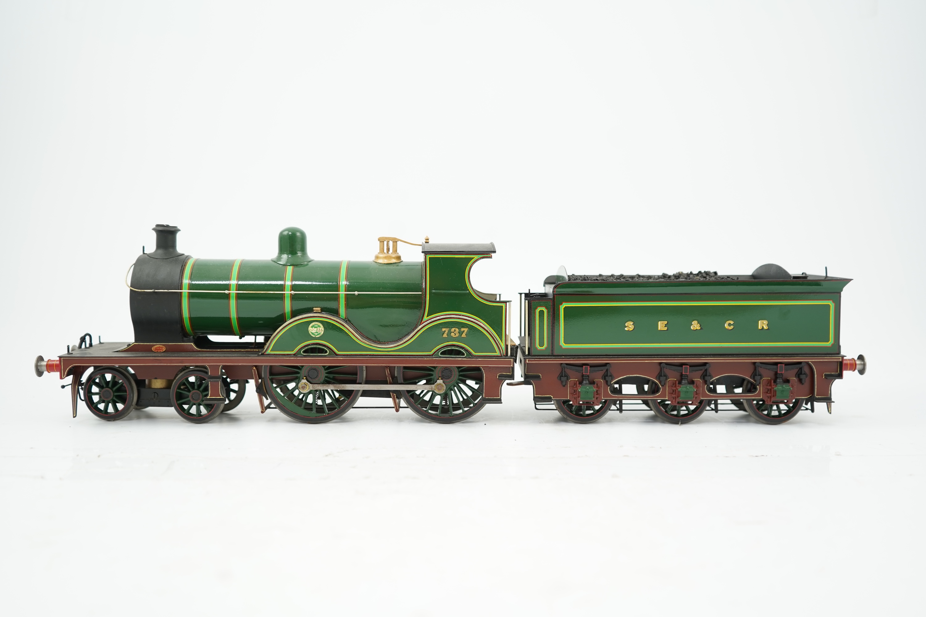 A Gauge One Cherry Scale Models No.70 South East and Chatham Railway D Class, 737, 4-4-0 tender locomotive, powered for two rail operation.